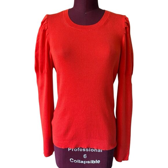 NEW J Crew Puff Sleeve Ribbed Sweater XL Coral Red Crewneck Silk Blend - Picture 2 of 8